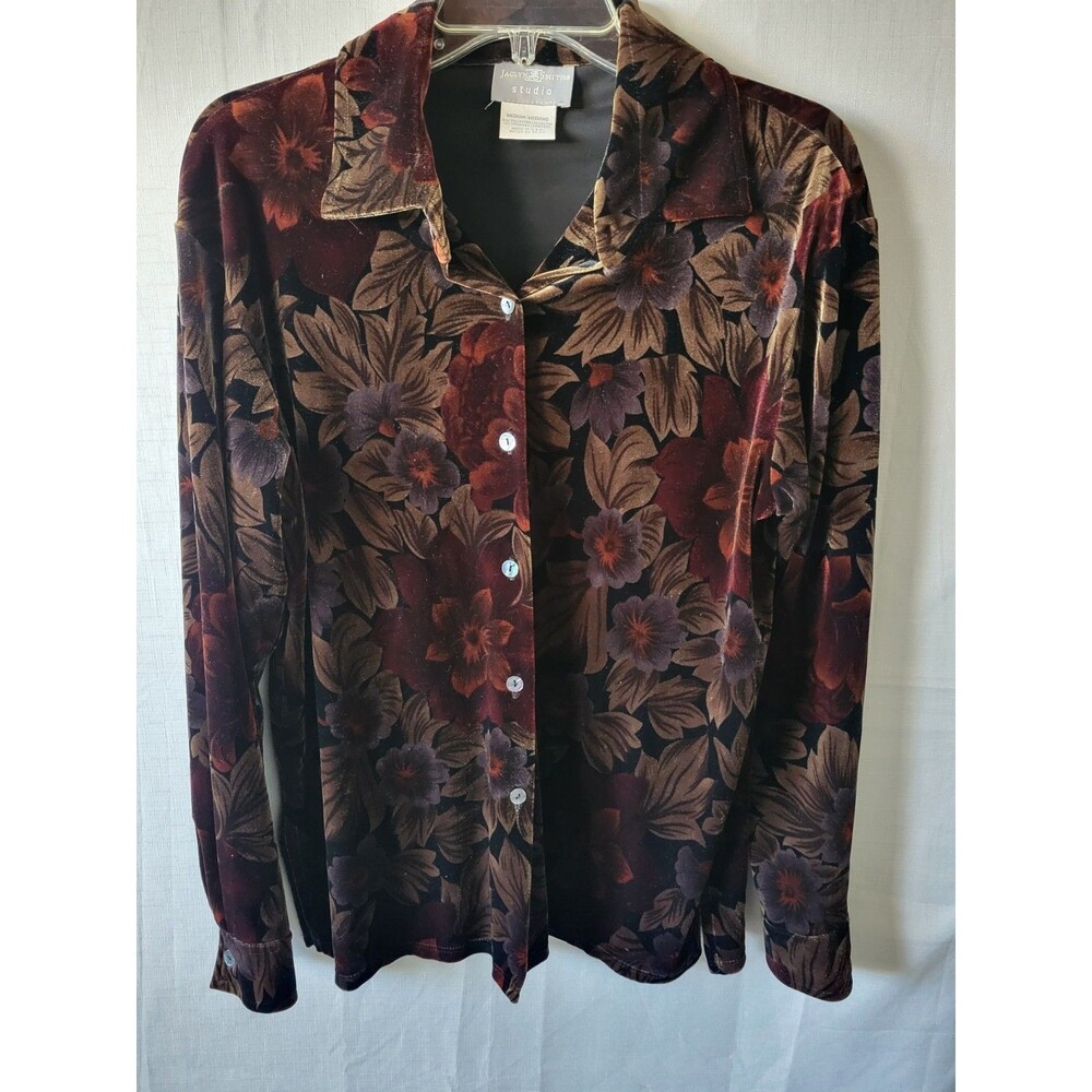 Vintage Velvet Women's Button Up Jaclyn Smith Studio  Dark Floral Size M